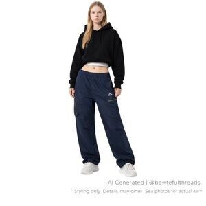 Kappa Navy Cargo Pants Women Utility Streetwear Relaxed Fit Tech Pocket XL
